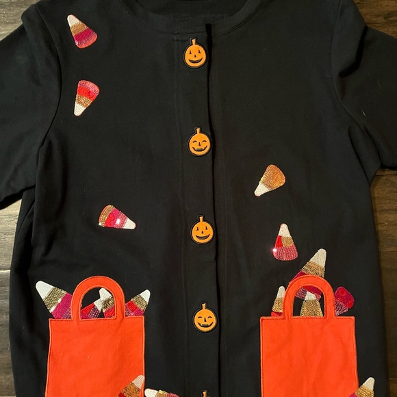 Halloween Cute Ugly Holiday Sweater Cardigan Black Sequin Pumpkin MD NWOT - Picture 3 of 5